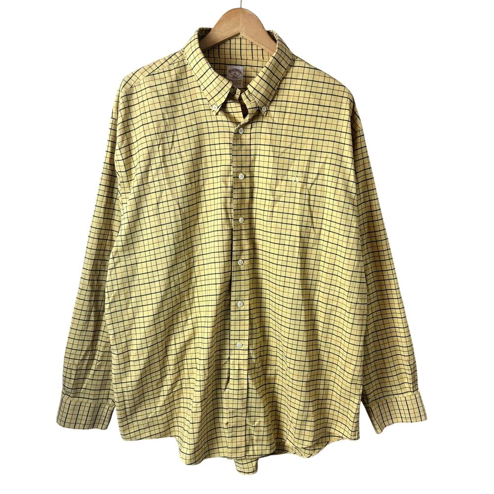 Brooks Brothers 346 Button Down Shirt Mens XL Plaid Yellow Embroidered Pima